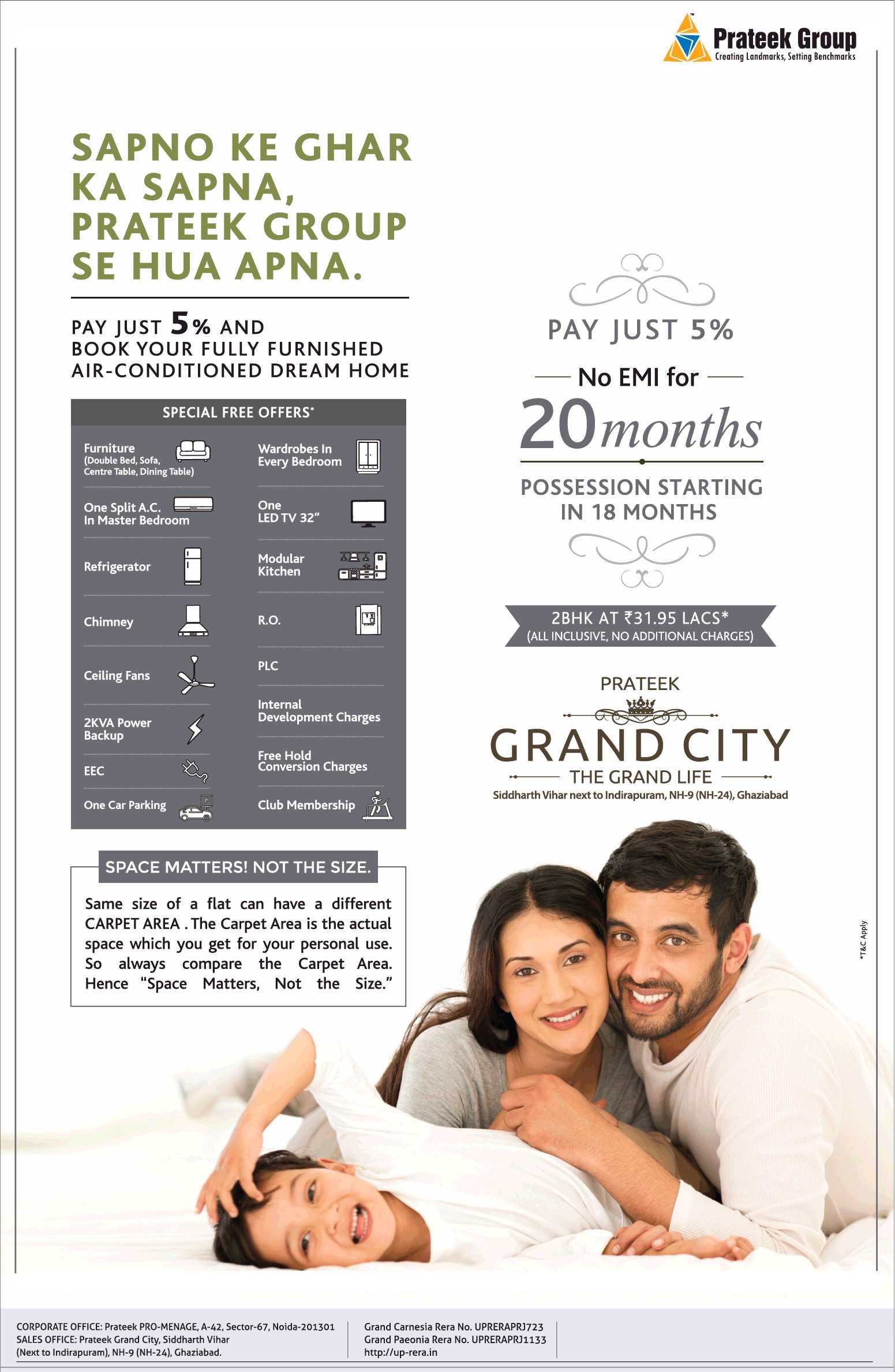 Pay just 5% & no EMI for 20 months at Prateek Grand City in Ghaziabad Update